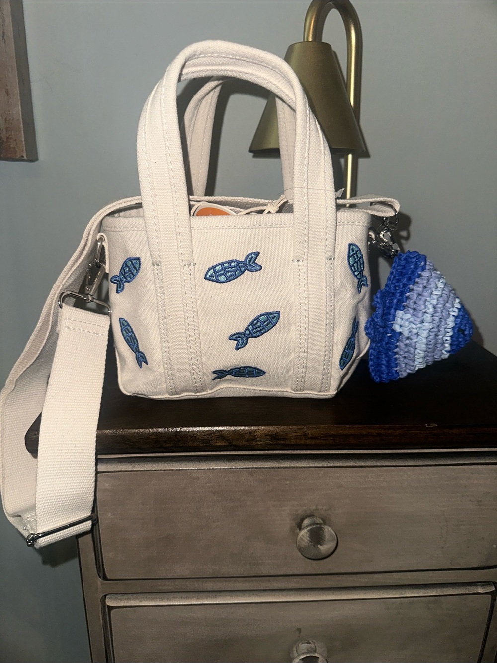 C&C California Cream Canvas Tote with Blue Fish Embroidery